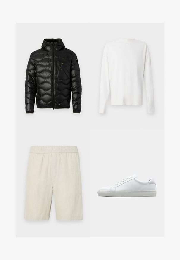 Sort dunjakke med en skinnende overflade, hætte, lynlåslukning og bølge mønster. Har en brystlomme og kontrasterende gule accenter.; Langærmet hvid bomulds skjorte med rund halsudskæring, sideslids i bunden og en glat overflade, vist bagfra.; Beige linnedelsbukser med elastisk talje, der har en glat tekstur og en lige skæremodel, der ender lige over knæet.; Hvide sneakers med en glat læderoverdel og lav profil. Har en rund tå, seks snørehuller og en tekstureret gummisål.