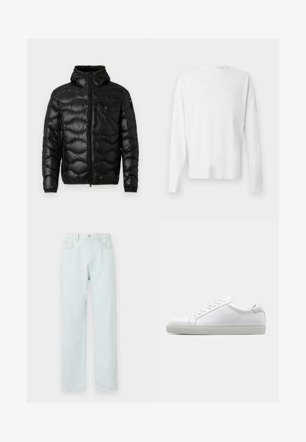 Black puffer jacket with a shiny texture, hood, zip closure, and wave pattern. Features a chest pocket and contrasting yellow accents.; Long-sleeved white cotton shirt with a round neckline, side slits at the bottom, and a smooth texture, displayed from the back.; Light blue straight-leg jeans made of denim, featuring a button closure, subtle whiskering, and five-pocket design.; White sneaker with a smooth leather upper and a low profile. Features a rounded toe, six eyelets, and a textured rubber sole.