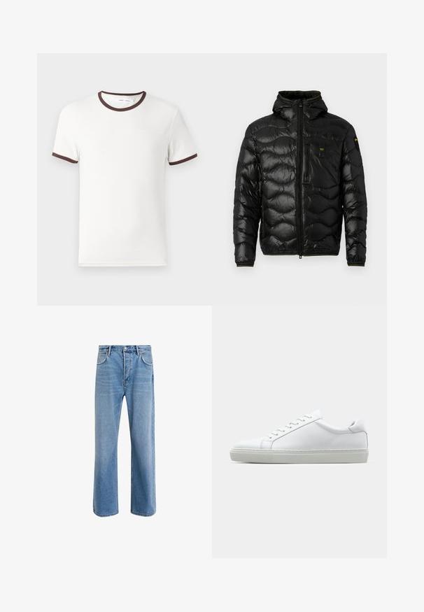 Mustatee puffer jope läikiva tekstuuriga, kapuutsiga, lukuga ja lainelise mustriga. Omab rinna taskut ja kontrastset kollast aktsenti.; Valge lühikeste varrukatega T-särk, millel on pruun ribitud kaelus ja varrukate servad, valmistatud pehmest puuvillast. Lihtne ja klassikaline disain.; Heledad sinine teksapüksid otse lõikega, viie taskuga, nupuga sulgemine, minimaalne kulumine ja kontrastsed õmbluse detailid.; Valge tennisetoss, millel on sile nahk pealis ja madal profiil. Omab ümarat ninaosa, kuut silmust ja tekstuuriga kummist talda.