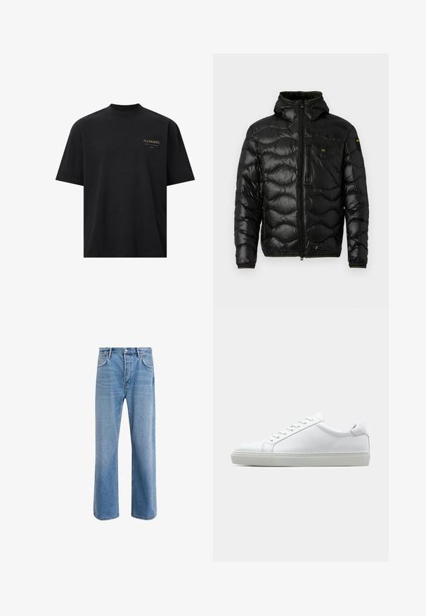 Melnā pūkainā jakas ar spīdīgu faktūru, kapuci, rāvējslēdzēja aizdari un viļņu rakstu. Detaļās ir krūšu kabata un kontrastējošas dzeltenas akcenti.; Melnas kokvilnas t-krekls ar apaļu kaklu, īsām piedurknēm un mazu zelta "ALLSAINTS" logotipu kreisajā krūtī. Plakans audums, ikdienišķs dizains.; Gai zilas džinsu bikses ar taisnām kājām, piecām kabatām, pogu aizvēršanu, minimālu izbalēšanu un kontrastējošiem šuvju elementiem.; Baltie sporta apavi ar gludu ādas virsu un zemu profilu. Iezīmējas ar noapaļotu purngalu, sešām acīm un teksturētu gumijas zoli.