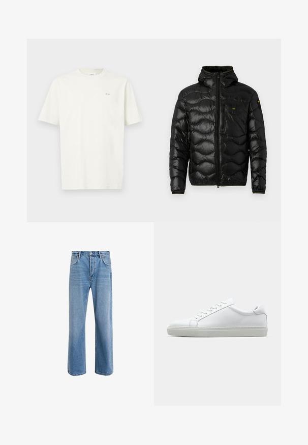 Giacca a vento nera con texture lucida, cappuccio, chiusura con zip e motivo a onde. Presenta una tasca sul petto e accenti gialli a contrasto.; Maglietta a maniche corte bianca con colletto girocollo, con piccolo testo nero "NN. 07" sul lato sinistro del petto, su uno sfondo chiaro.; Jeans in denim blu chiaro con design a gamba dritta, cinque tasche, chiusura con bottone, leggero sbiadimento e dettagli di cucitura a contrasto.; Sneaker bianco con tomaia in pelle liscia e profilo basso. Presenta una punta arrotondata, sei occhielli e una suola in gomma testurizzata.