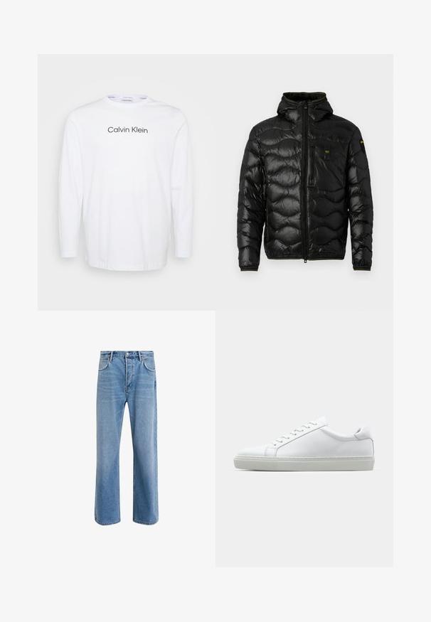 Juodas pūkinis jųkų su blizgiu paviršiumi, su gobtuvu, užtrauktukų uždarymu ir bangų raštu. Yra krūtinės kišenė ir kontrastingos geltonos akcentai.; Ilgas rankovės baltas marškinėlis, pagamintas iš medvilnės, su apvaliu iškirpimu ir tamsiai pilku "Calvin Klein" logotipu, spausdintu per krūtinę.; Šviesiai mėlyni džinsai su tiesiu kirpimu, penkios kišenės, mygtuko užsegimas, minimalus blukimas ir kontrastingi siuvimo detalės.; Baltas sportinis batelis su lygiu odiniu paviršiumi ir žemu profiliu. Turi suapvalintą pirštą, šešis akių skyrius ir tekstūruotą gumos padą.