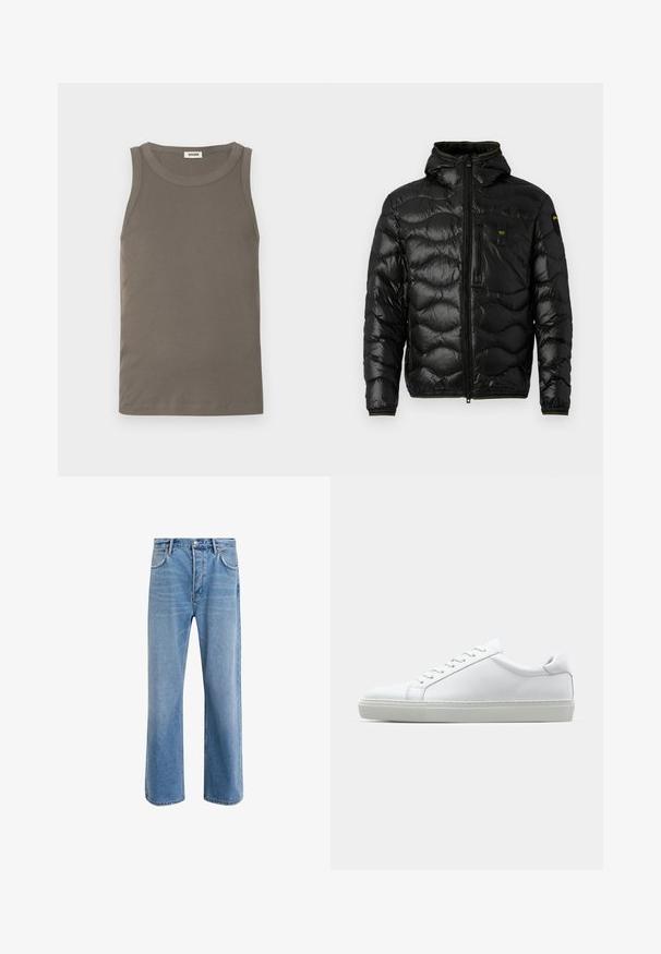 Schwarze Pufferjacke mit glänzender Textur, Kapuze, Reißverschluss und Wellenmuster. Verfügt über eine Brusttasche und kontrastierende gelbe Akzente.; Hellbraunes geripptes Tanktop mit rundem Ausschnitt, ärmellosem Design und geradem Saum. Hergestellt aus weichem, dehnbarem Stoff.; Helle blaue Jeans im Geradeschnitt-Design, mit fünf Taschen, Knopfverschluss, minimaler Ausbleichung und kontrastierenden Nähdetails.; Weißer Sneaker mit glattem Lederobermaterial und niedrigem Profil. Verfügt über eine runde Zehenpartie, sechs Ösen und eine strukturierte Gummisohle.