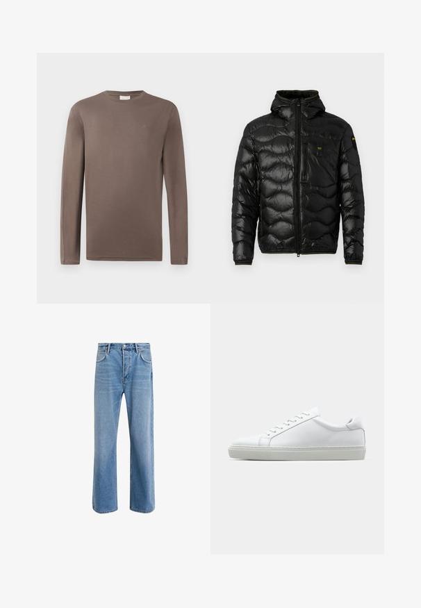 Fekete puffdzseki fényes textúrával, kapucnival, cipzáras záródással és hullámmintával. Két mellzsebet tartalmaz és kontrasztos sárga részletekkel rendelkezik.; Hosszú ujjú barna pamut póló kerek nyakkal; egy kis logó található a mellen, sima, könnyű textúrával.; Világoskék farmernadrág, egyenes szárú fazonnal, öt zsebbel, gombos záródással, minimális kopással és kontrasztos varrással.; Fehér sportcipő sima bőr felső résszel és alacsony profilsal. Kerek orr, hat fűzőlyuk és barázdált gumitalp jellemzi.