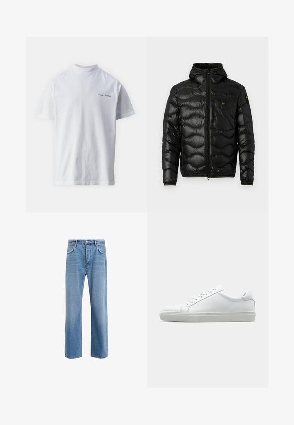 Giacca a vento nera con texture lucida, cappuccio, chiusura con zip e motivo a onde. Presenta una tasca sul petto e accenti gialli a contrasto.; T-shirt bianco in cotone con colletto alto e maniche corte. Presenta il logo "SAMSØE SAMSØE" in nero sulla parte frontale. Texture liscia.; Jeans in denim blu chiaro con design a gamba dritta, cinque tasche, chiusura con bottone, leggero sbiadimento e dettagli di cucitura a contrasto.; Sneaker bianco con tomaia in pelle liscia e profilo basso. Presenta una punta arrotondata, sei occhielli e una suola in gomma testurizzata.
