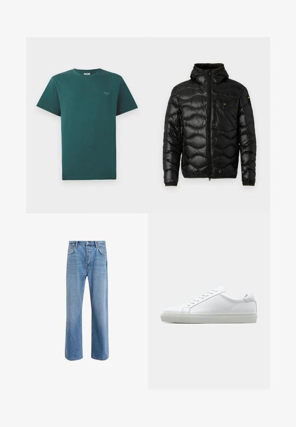 Melnā pūkainā jakas ar spīdīgu faktūru, kapuci, rāvējslēdzēja aizdari un viļņu rakstu. Detaļās ir krūšu kabata un kontrastējošas dzeltenas akcenti.; Gaišs zils kokvilnas T-krekls ar īsām piedurknēm, apaļu izgriezumu un mazu "JOOP!" logo, kas izdrukāts gaišākā tonī uz priekša.; Gai zilas džinsu bikses ar taisnām kājām, piecām kabatām, pogu aizvēršanu, minimālu izbalēšanu un kontrastējošiem šuvju elementiem.; Baltie sporta apavi ar gludu ādas virsu un zemu profilu. Iezīmējas ar noapaļotu purngalu, sešām acīm un teksturētu gumijas zoli.