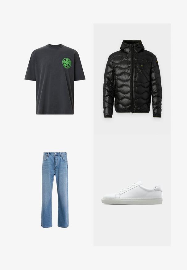 Sort dunjakke med en skinnende overflade, hætte, lynlåslukning og bølge mønster. Har en brystlomme og kontrasterende gule accenter.; Grå bomulds T-shirt med korte ærmer, rund halsudskæring, med et cirkulært grønt logo på venstre bryst område. Glat tekstur.; Lyseblå denim jeans med lige ben-design, fem lommer, knaplukning, minimal falming og kontraststingdetaljer.; Hvide sneakers med en glat læderoverdel og lav profil. Har en rund tå, seks snørehuller og en tekstureret gummisål.