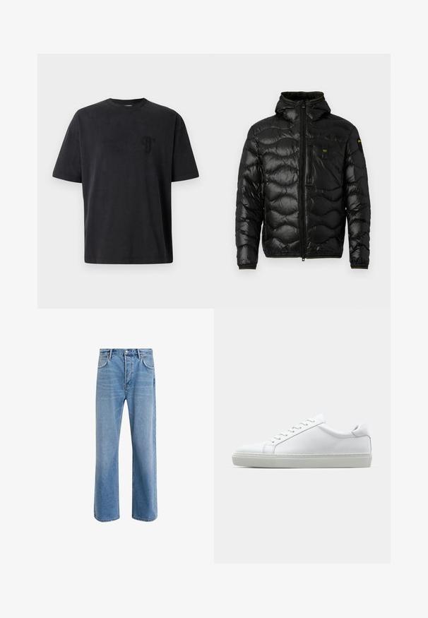 Black puffer jacket with a shiny texture, hood, zip closure, and wave pattern. Features a chest pocket and contrasting yellow accents.; Black cotton t-shirt with short sleeves, crew neckline, and a subtle embroidered logo on the left chest. Smooth texture, relaxed fit.; Light blue denim jeans with a straight-leg design, five pockets, button closure, minimal fading, and contrasting stitching details.; White sneaker with a smooth leather upper and a low profile. Features a rounded toe, six eyelets, and a textured rubber sole.