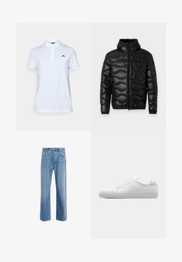 Svart pufferjacka med en glänsande yta, huva, dragkedjeslutning och vågmönster. Har en bröstficka och kontrasterande gula detaljer.; J.LINDEBERG Sports PEAT - Piké - white; Ljust blå denimjeans med rak passform, fem fickor, knappstängning, minimal blekning och kontrasterande sömdetaljer.; Vit sneaker med en slät läderövre och låg profil. Har en rundad tå, sex snörhål och en strukturerad gummisula.