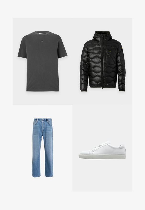 Giacca a vento nera con texture lucida, cappuccio, chiusura con zip e motivo a onde. Presenta una tasca sul petto e accenti gialli a contrasto.; T-shirt di cotone grigio scuro con colletto rotondo e maniche corte; presenta un piccolo logo centrato in bianco sul petto.; Jeans in denim blu chiaro con design a gamba dritta, cinque tasche, chiusura con bottone, leggero sbiadimento e dettagli di cucitura a contrasto.; Sneaker bianco con tomaia in pelle liscia e profilo basso. Presenta una punta arrotondata, sei occhielli e una suola in gomma testurizzata.