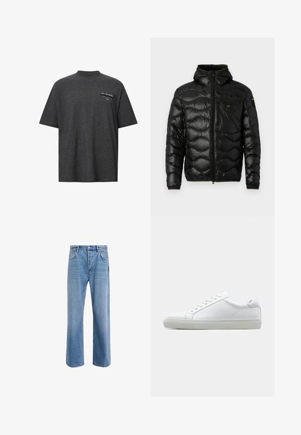 Crna puf jakna sjajne teksture, s kapuljačom, zatvaranjem na patentni zatvarač i valovitim uzorkom. Ima džep na grudima i kontrastne žute akcenta.; Tamno siva oversized majica od mekanog materijala, sa okruglim izrezom i prednjim printom na prsima s bijelim tekstom i logotipom.; Svijetloplave traperice s ravnim nogavicama, pet džepova, zatvaranjem na gumb, minimalnim izbljeđivanjem i kontrastnim šavovima.; Bijela tenisica s glatkim kožnim gornjim dijelom i niskim profilom. Ima zaobljen vrh, šest rupica za vezanje i teksturiranu gumenu podlogu.