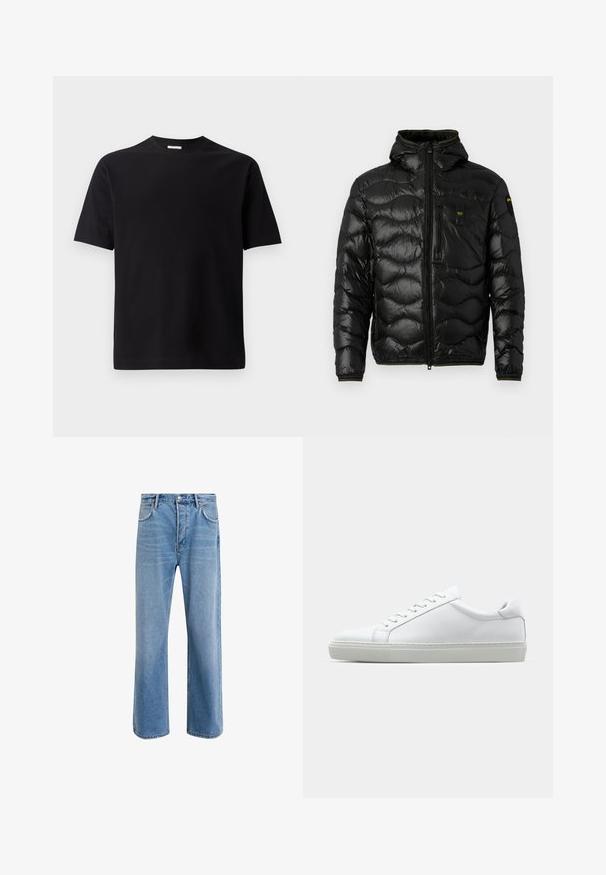 Črna puhovka z sijočo teksturo, kapuco, zadrgo in valovnim vzorcem. Ima žep na prsih in kontrastne rumene detajle.; Črna majica s kratkimi rokavi z teksturiranim geometrijskim vzorcem, okroglo ovratnikom in ravnim zaključkom. Narejena iz mehke, zračne tkanine.; Svetlo modre denim kavbojke s ravno nogavico, petimi žepi, z gumbom za zapiranje, minimalnim zbledelostjo in kontrastnimi šivi.; Bela športna obutev z gladkim usnjenim zgornjim delom in nizkim profilom. Ima zaokrožen nos, šest lukenj za vezalke in teksturiran gumijast podplat.