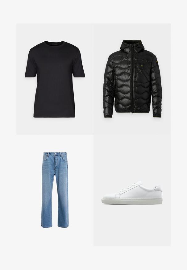 Black puffer jacket with a shiny texture, hood, zip closure, and wave pattern. Features a chest pocket and contrasting yellow accents.; DRYKORN RAPHAEL - Basic T-shirt - black; Light blue denim jeans with a straight-leg design, five pockets, button closure, minimal fading, and contrasting stitching details.; White sneaker with a smooth leather upper and a low profile. Features a rounded toe, six eyelets, and a textured rubber sole.