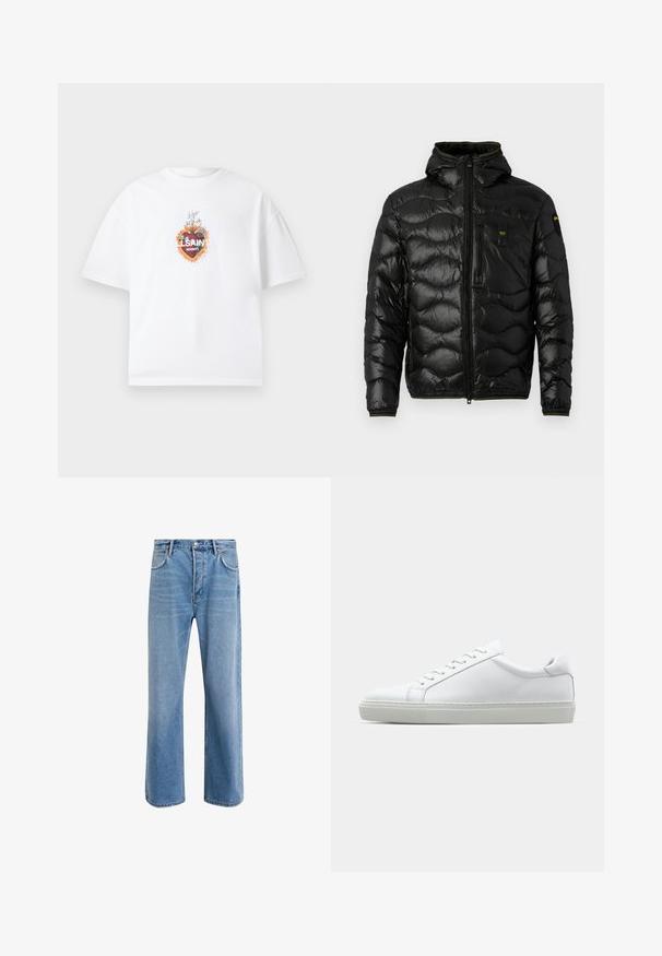 Mustatee puffer jope läikiva tekstuuriga, kapuutsiga, lukuga ja lainelise mustriga. Omab rinna taskut ja kontrastset kollast aktsenti.; Valge suur T-särk, millel on värviline püha südame graafika ja tekst "AllSaints London", mis on keskendatud rinnaosale.; Heledad sinine teksapüksid otse lõikega, viie taskuga, nupuga sulgemine, minimaalne kulumine ja kontrastsed õmbluse detailid.; Valge tennisetoss, millel on sile nahk pealis ja madal profiil. Omab ümarat ninaosa, kuut silmust ja tekstuuriga kummist talda.