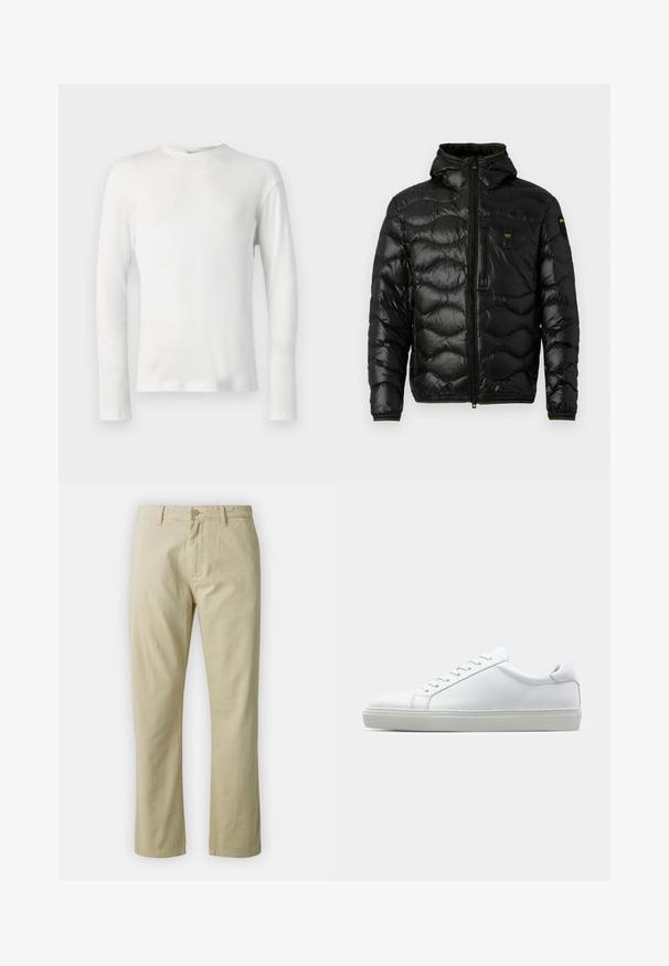 Black puffer jacket with a shiny texture, hood, zip closure, and wave pattern. Features a chest pocket and contrasting yellow accents.; Plain white long-sleeve ribbed shirt with crew neckline, displayed on a white background.; Beige cotton trousers with a straight-leg design, front button closure, and belt loops. Smooth texture, no visible patterns or accents.; White sneaker with a smooth leather upper and a low profile. Features a rounded toe, six eyelets, and a textured rubber sole.