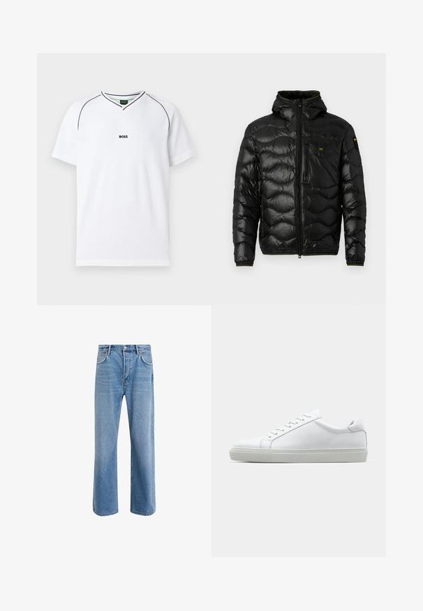 Sort dunjakke med en skinnende overflade, hætte, lynlåslukning og bølge mønster. Har en brystlomme og kontrasterende gule accenter.; Hvid trænings T-shirt med v-hals, korte ærmer, tekstureret mesh stof og sorte detaljer ved halsudskæringen og brystlogoet.; Lyseblå denim jeans med lige ben-design, fem lommer, knaplukning, minimal falming og kontraststingdetaljer.; Hvide sneakers med en glat læderoverdel og lav profil. Har en rund tå, seks snørehuller og en tekstureret gummisål.