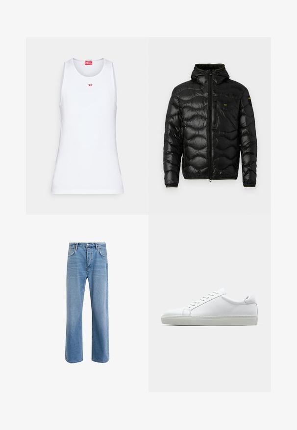 Jachetă puffer neagră cu o textură lucioasă, glugă, închidere cu fermoar și model în valuri. Dispune de un buzunar pe piept și accente galbene contrastante.; Tricou alb fără mâneci, realizat dintr-un material neted. Are un decolteu rotund și un mic logo roșu "D" în centrul său.; Jeans din denim bleu deschis cu un design drept, cinci buzunare, închidere cu buton, decolorare minimă și detalii de cusătură în contrast.; Adidași albi cu o suprafață din piele netedă și un profil jos. Au un vârf rotunjit, șase orificii pentru șireturi și o talpă din cauciuc texturată.
