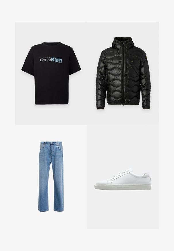 Black puffer jacket with a shiny texture, hood, zip closure, and wave pattern. Features a chest pocket and contrasting yellow accents.; Black short-sleeve T-shirt with "Calvin Klein New York" logo in white and blue centered on the chest against a plain background.; Light blue denim jeans with a straight-leg design, five pockets, button closure, minimal fading, and contrasting stitching details.; White sneaker with a smooth leather upper and a low profile. Features a rounded toe, six eyelets, and a textured rubber sole.