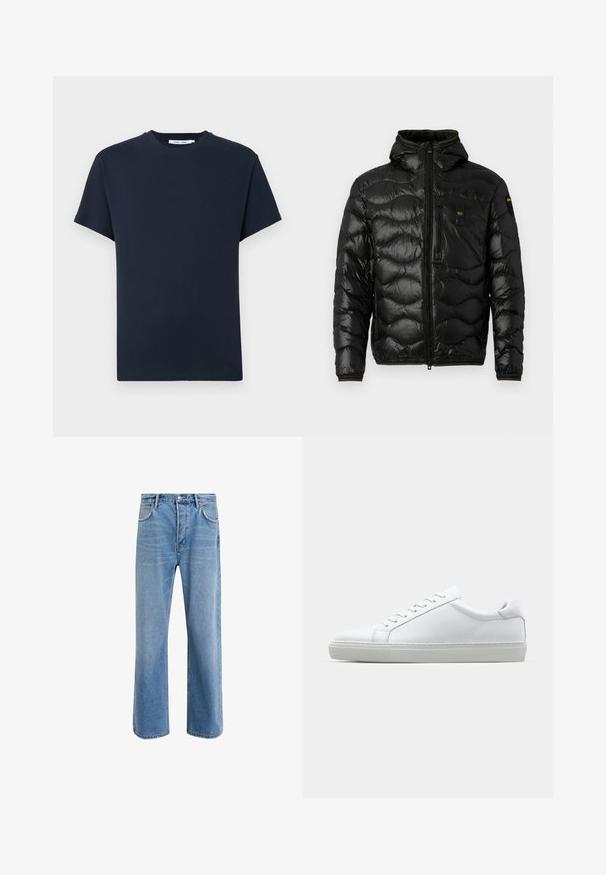 Black puffer jacket with a shiny texture, hood, zip closure, and wave pattern. Features a chest pocket and contrasting yellow accents.; Dark navy blue short-sleeve t-shirt made from cotton, featuring a round neckline and a relaxed fit. Simple, solid color without patterns.; Light blue denim jeans with a straight-leg design, five pockets, button closure, minimal fading, and contrasting stitching details.; White sneaker with a smooth leather upper and a low profile. Features a rounded toe, six eyelets, and a textured rubber sole.