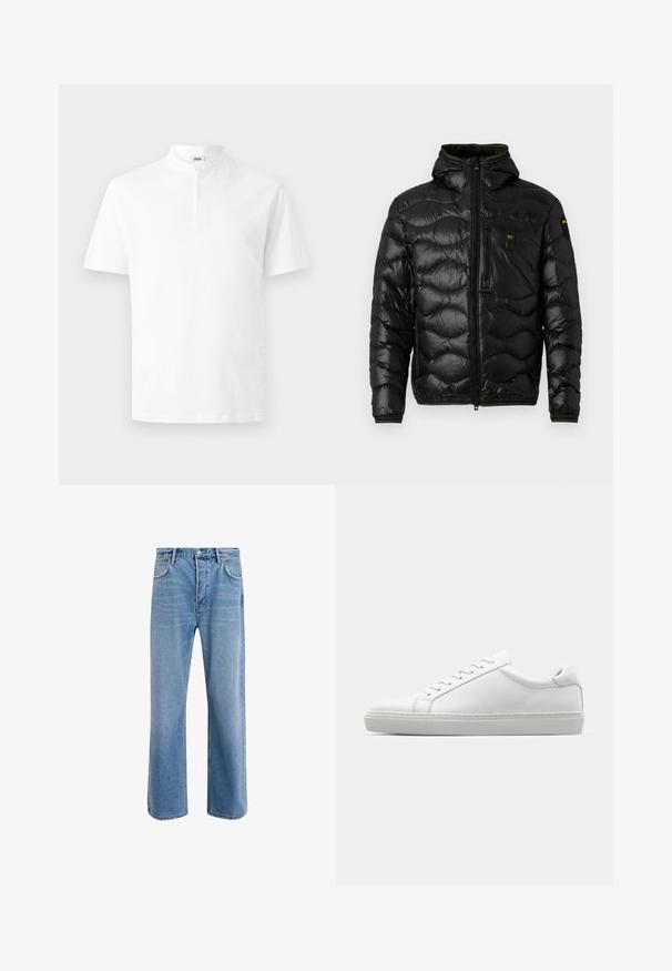 Sort dunjakke med en skinnende overflade, hætte, lynlåslukning og bølge mønster. Har en brystlomme og kontrasterende gule accenter.; Hvid kortærmet skjorte lavet af bomuld, med en standkrave og knaplukning samt en lige søm. Enkel design, glat tekstur.; Lyseblå denim jeans med lige ben-design, fem lommer, knaplukning, minimal falming og kontraststingdetaljer.; Hvide sneakers med en glat læderoverdel og lav profil. Har en rund tå, seks snørehuller og en tekstureret gummisål.