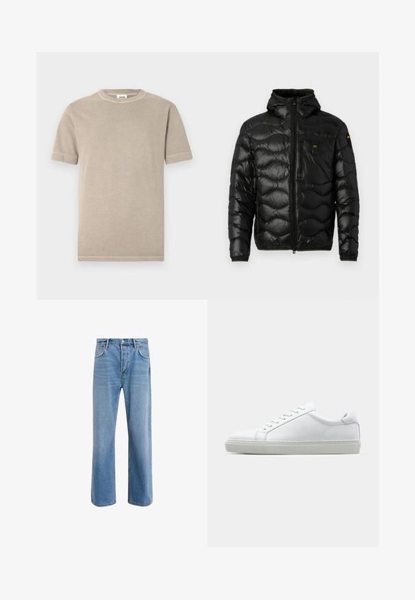 Black puffer jacket with a shiny texture, hood, zip closure, and wave pattern. Features a chest pocket and contrasting yellow accents.; Beige cotton t-shirt with short sleeves and a round neckline. Features visible stitching along the sleeves and hem. Simple, smooth texture.; Light blue denim jeans with a straight-leg design, five pockets, button closure, minimal fading, and contrasting stitching details.; White sneaker with a smooth leather upper and a low profile. Features a rounded toe, six eyelets, and a textured rubber sole.