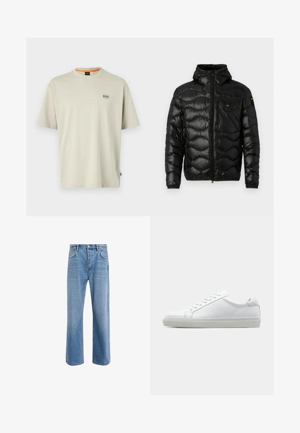 Black puffer jacket with a shiny texture, hood, zip closure, and wave pattern. Features a chest pocket and contrasting yellow accents.; Light gray cotton t-shirt with a crew neck, short sleeves, and a small blue "BOSS" logo on the left chest. Smooth texture.; Light blue denim jeans with a straight-leg design, five pockets, button closure, minimal fading, and contrasting stitching details.; White sneaker with a smooth leather upper and a low profile. Features a rounded toe, six eyelets, and a textured rubber sole.