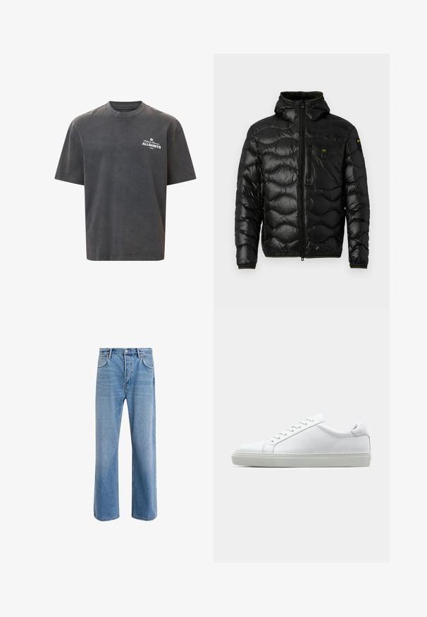 Czarna kurtka puchowa o błyszczącej teksturze, z kapturem, zamkiem błyskawicznym i wzorem fal. Posiada kieszeń na piersi oraz kontrastowe żółte akcenty.; Ciemnoszara, oversize koszulka typu t-shirt, z bawełny, krótki rękaw, okrągły dekolt, z białym logo "ALLSAINTS" na lewej piersi, subtelne teksturowane wykończenie.; Jasnoniebieskie dżinsy o prostym kroju, pięć kieszeni, zapięcie na guzik, minimalne blaknięcia i kontrastowe wykończenia szwów.; Białe sneakersy z gładką skórzaną cholewką i niskim profilem. Posiadają okrągły nos, sześć dziurek na sznurówki oraz teksturowaną gumową podeszwę.