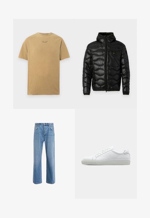 Black puffer jacket with a shiny texture, hood, zip closure, and wave pattern. Features a chest pocket and contrasting yellow accents.; Short-sleeve t-shirt in a light tan color, made from cotton. Features a crew neckline and brand text printed on the back.; Light blue denim jeans with a straight-leg design, five pockets, button closure, minimal fading, and contrasting stitching details.; White sneaker with a smooth leather upper and a low profile. Features a rounded toe, six eyelets, and a textured rubber sole.