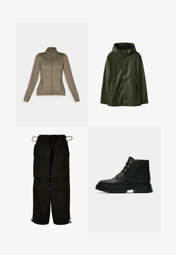 Zeleni vodootporni kišni kaput s kapuljačom, kopčama na gumbe i bočnim džepovima; glatka textura i opušteni kroj.; ONLY Play ONPJETTA - Jakna od flisa - kalamata; Tamnozelena majica dugih rukava s posadinskim izrezom, s točkastim teksturiranim detaljima na rukavima i skraćenim rubom. Ima otvore za palčeve.; Crne hlače od lagane tkanine, s podesivim pojasom i rubovima s vezicom. Dizajnirane s opuštenim, prevelikim krojem i s višestrukim džepovima.; Crne kožne gležnjače s okruglim vrhom, zlatnim rupicama i teksturiranim đonom. Imaju podstavljen ovratnik i karakteristični logo sa strane.