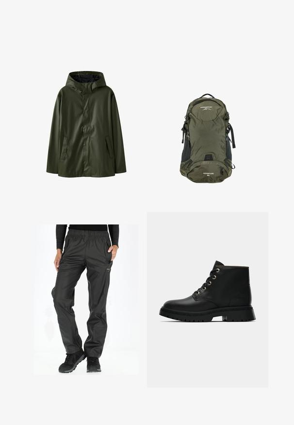 Giacca impermeabile verde con cappuccio, bottoni a pressione e tasche laterali; texture liscia e vestibilità comoda.; Maglia a maniche lunghe verde scuro con scollatura a girocollo, caratterizzata da accenti testurizzati a pois sulle maniche e un orlo cropped. Include fori per il pollice.; Pantaloni impermeabili neri con vita elastica, tasche laterali e una texture liscia, progettati per attività all'aperto.; Stivaletto in pelle nera con punta tonda, occhielli dorati e suola texturizzata. Presenta un colletto imbottito e un logo distintivo sul lato.; Zaino in nylon verde oliva con accenti neri, capacità di 40L, spallacci regolabili, tasche frontali con zip e un motivo a griglia testurizzato.