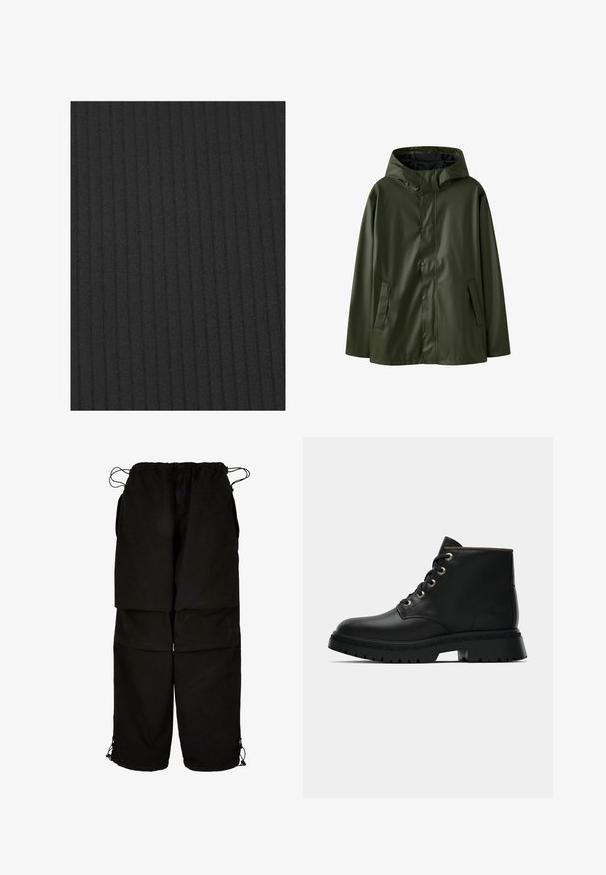 Groene waterdichte regenjas met een capuchon, drukknoopsluiting en zijzakken; zachte textuur en een relaxte pasvorm.; Zwarte ribbeltextielstof met een gladde textuur en consistente verticale lijnen, geschikt voor meubelstoffering of mode-toepassingen.; Zwarte broek van lichtgewicht stof, met een verstelbare tailleband en trekkoord aan de broekspijpen. Ontworpen met een losse, oversized pasvorm en meerdere zakken.; Zwart leren enkelboot met ronde neus, gouden oogjes en textuurzool. Voorzien van een gevoerde kraag en een kenmerkend logo aan de zijkant.