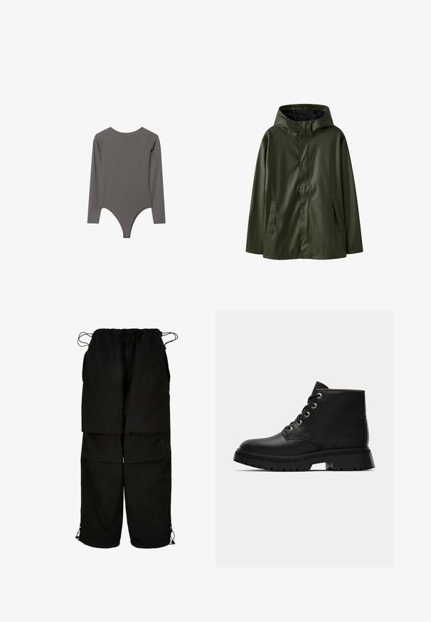 Zeleni vodootporni kišni kaput s kapuljačom, kopčama na gumbe i bočnim džepovima; glatka textura i opušteni kroj.; Stradivarius OPEN BACK - Top dugih rukava - dark grey; Crne hlače od lagane tkanine, s podesivim pojasom i rubovima s vezicom. Dizajnirane s opuštenim, prevelikim krojem i s višestrukim džepovima.; Crne kožne gležnjače s okruglim vrhom, zlatnim rupicama i teksturiranim đonom. Imaju podstavljen ovratnik i karakteristični logo sa strane.