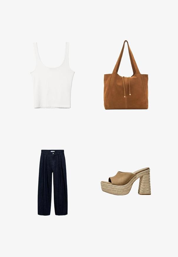 Svetlobéžový kabát s vysokým golierom, elastickými manžetami a dvoma prednými vreckami. Vyrobený z textúrovanej látky s voľným strihom.; Biely bavlnený top bez rukávov s okrúhlym výstrihom a priliehavým strihom. Hladká textúra, jednoduchý dizajn a minimálne švy.; Tmavé džínsy s širokými nohavicami a pregibmi v páse, s predným gombíkom a pútkami na opasok. Hladká textúra a celodlhý strih.; Hnedé semišové platformové mule s otvorenou špičkou, s masívnym pleteným juty podpätkom a hladkým, zaobleným dizajnom hornej časti.; Hnedá semišová taška cez rameno s dvoma dlhými popruhmi, sťahovacou šnúrkou a minimalistickým dizajnom. Hladký povrch a žiadne viditeľné kovové doplnky.