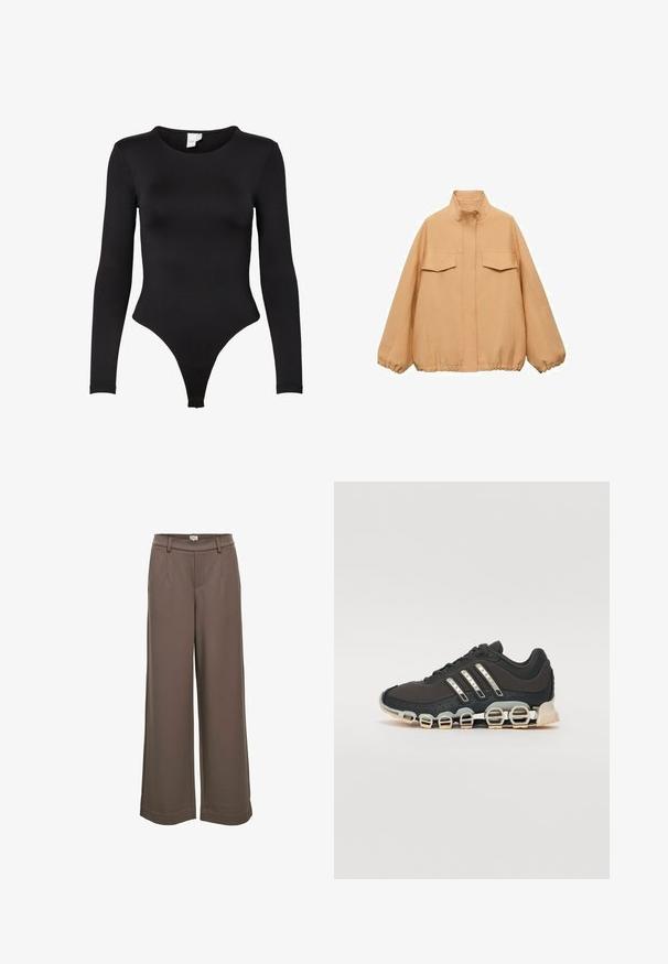 Ljusbeige jacka med hög krage, elastiska ärmslut och två framfickor. Tillverkad av ett strukturerat tyg med en avslappnad passform.; Svart långärmad bodysuit i stretchig tyg. Har rund hals och en tanga-design med sömlösa kanter för komfort.; Breda byxor i ett mjukt, brunt tyg. Har en hög midja, två framfickor och en slät yta med en avslappnad design.; Svart sportskor med en texturerad överdel, tre silverränder och en distinkt stötdämpande sula med flera integrerade sektioner.
