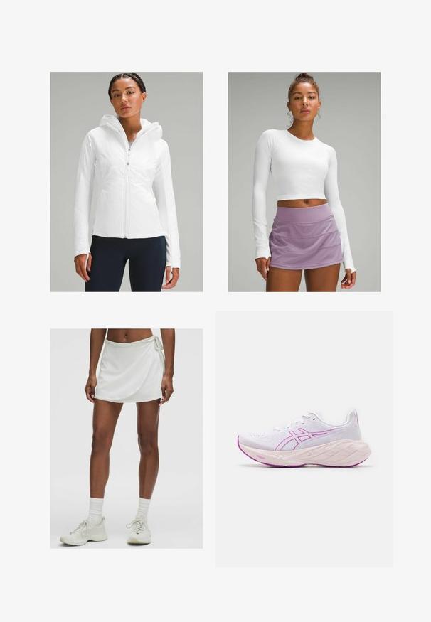 Veste légère blanche à fermeture éclair avec capuche, dotée d'une finition texturée et de passes-pouces dans les manches. Associée à des leggings navy.; Haut court à manches longues blanc en tissu texturé associé à une jupe de sport layered lavande. Design lisse et ajusté sans motifs visibles.; Jupe-culotte de sport blanche avec un design enroulé, fabriquée en tissu lisse. Présente un lien sur le côté et est assortie à des baskets et des chaussettes de couleur claire.; Chaussure de sport blanche avec des accents roses, upper texturé, design léger et semelle épaisse à plusieurs couches. Logo présent sur le côté.