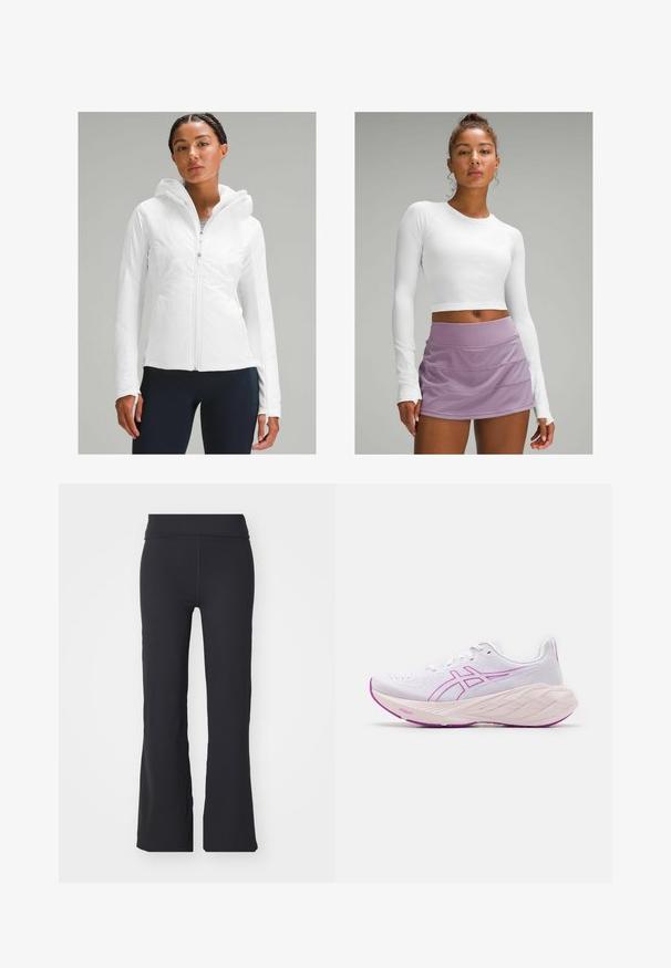 Veste légère blanche à fermeture éclair avec capuche, dotée d'une finition texturée et de passes-pouces dans les manches. Associée à des leggings navy.; Haut court à manches longues blanc en tissu texturé associé à une jupe de sport layered lavande. Design lisse et ajusté sans motifs visibles.; Pantalons évasés noirs en tissu extensible avec une taille haute. Présente des lignes épurées et une texture lisse, adaptés pour un look décontracté.; Chaussure de sport blanche avec des accents roses, upper texturé, design léger et semelle épaisse à plusieurs couches. Logo présent sur le côté.