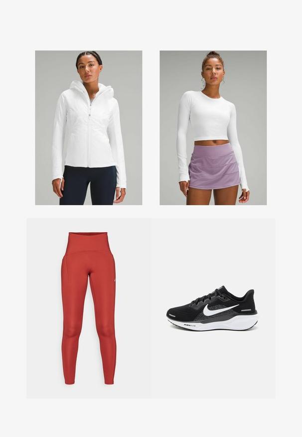 Giacca leggera bianca con zip e cappuccio, caratterizzata da una finitura testurizzata e aperture per il pollice nelle maniche. Abbinata a leggings blu navy.; Top corto a maniche lunghe bianco in tessuto testurizzato abbinato a una gonna sportiva a strati di colore lavanda. Design liscio e aderente senza motivi visibili.; Leggings a vita alta, aderenti, in un ricco tessuto rosso, con cuciture piatte e una tasca laterale per praticità. Texture liscia, materiale elastico.; Scarpa sportiva nera con tomaia in mesh, un logo Nike bianco e una suola bianca imbottita con dettagli testurizzati.