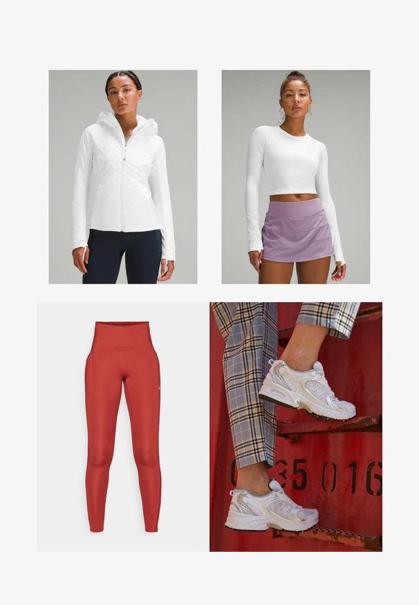 Bela lahko jakna z zadrgo in kapuco, z teksturiranim zaključkom in odprtinami za palce na rokavih. V kombinaciji z mornarsko modrimi leginami.; Bela dolgi rokav, kratki top iz teksturirane tkanine, v kombinaciji z svetloljubičasto, plastovito atletsko krilo. Gladek, prilegajoč dizajn brez vidnih vzorcev.; Visoke, priljubljene legice iz bogatega rdečega tkanja, z ravnimi šivi in stranskim žepom za priročnost. Gladka tekstura, raztegljiv material.; Bele mrežne superge s srebrnimi detajli in teksturirano podplatom, postavljene na rdeči površini, v kombinaciji s karirastimi hlačami.