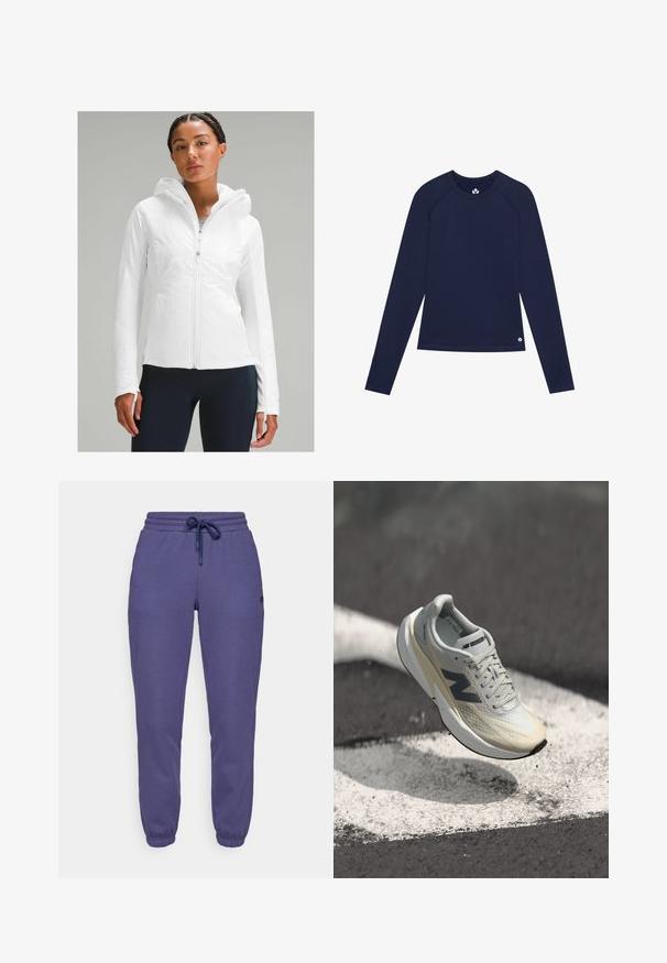 Hvid letvægtsjakke med lynlås og hætte, der har en tekstureret overflade og tommelfingerhuller i ærmerne. Kombineret med marineblå leggings.; Marineblå langærmet skjorte lavet af strækbart stof, med en rund halsudskæring, raglanærmer og et lille logo nær kanten.; Lilla sweatpants lavet af blødt stof, med en elastisk talje med snoretræk og manchetter ved anklerne.; New Balance løbesko med et let gråt mesh-overdel, cremefarvet mellemsål, mørkegrå accenter og et slankt, aerodynamisk design.