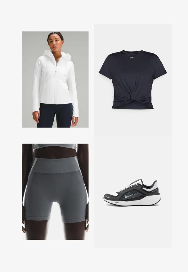Biela ľahká bunda na zips s kapucňou, s textúrovaným povrchom a otvormi na palce v rukávoch. V kombinácii s námorníckymi legínami.; Čierne atletické tričko vyrobené z hladkej tkaniny, so zaväzovaným predným dizajnom a malým bielym logom Nike na hrudi.; Šedé rebrované športové kraťasy majú vysoký pás, hladkú textúru a priliehavý strih, doplnené malou označovacou etiketou na boku.; Nike tenisky v čierno-bielom farebnom schéme, s vrchnou časťou z mäkkej sieťoviny a striebornými detailmi. Gumená podrážka s označením "Air Zoom", textúrovaná pre lepšiu priľnavosť.