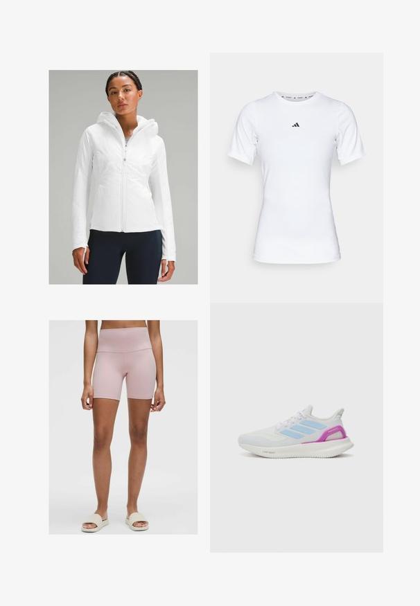 Balta lengva zip-up striukė su gobtuvu, pasižyminti tekstūruotu paviršiumi ir nykščių angomis rankovėse. Suderinta su tamsiai mėlynomis leggingais.; Balta sportinė maikutė trumpomis rankovėmis, pagaminta iš lygaus, elastingo audinio. Ant krūtinės yra mažas juodas Adidas logotipas.; Šviesiai rožinės spalvos aukšto liemens dviratininko šortai, pagaminti iš tamprios medžiagos. Turintys lygią tekstūrą ir prigludusį dizainą, siekia ketvirčio šlaunies ilgį.; adidas Performance PUREBOOST 5 - Bėgimo batai plentui - white/glow blue/purple burst