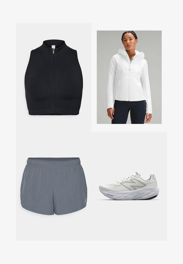 Biela ľahká bunda na zips s kapucňou, s textúrovaným povrchom a otvormi na palce v rukávoch. V kombinácii s námorníckymi legínami.; Čierny športový crop top s vysokým golierom a predným zipsom. Vyrobený z elastického materiálu s hladkou textúrou a minimálnymi švami.; Sivé športové šortky s jemnou textúrou, elastickým pásom a mierne zakriveným lemom. Obsahujú malé perforácie pre lepšiu priedušnosť.; Biele športové topánky s sieťovaným zvrškom, vybavené polstrovaným golierom, textúrovanou podrážkou a brandingom "Fresh Foam" na medzipodrážke.