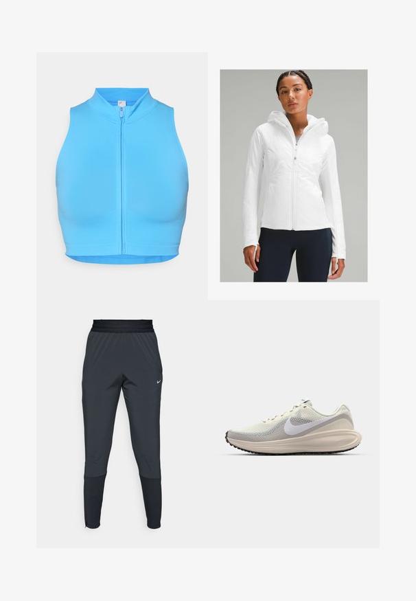 Bijela lagana jakna na kopčanje sa kapuljačom, s teksturiranom površinom i otvorima za palčeve na rukavima. Uparena s tamnoplavim tajicama.; Svijetloplava skraćena sportska majica s visokim ovratnikom i prednjim patentnim zatvaračem. Izrađena od rastezljivog materijala, s glatkom teksturom i bez uzoraka.; Nike sportske hlače u tamnosivoj boji, sa suženim krojem, elastičnom najlonskom trakom u struku i ukrasnim detaljima blizu manžeta.; Tenisice s gornjim dijelom od svijetlosivog mrežastog materijala, bijelim Nike swoosh logotipom, podebljanim međuslojem, elegantnim oblikom i crnim gumastim potplatom s uzorkom.