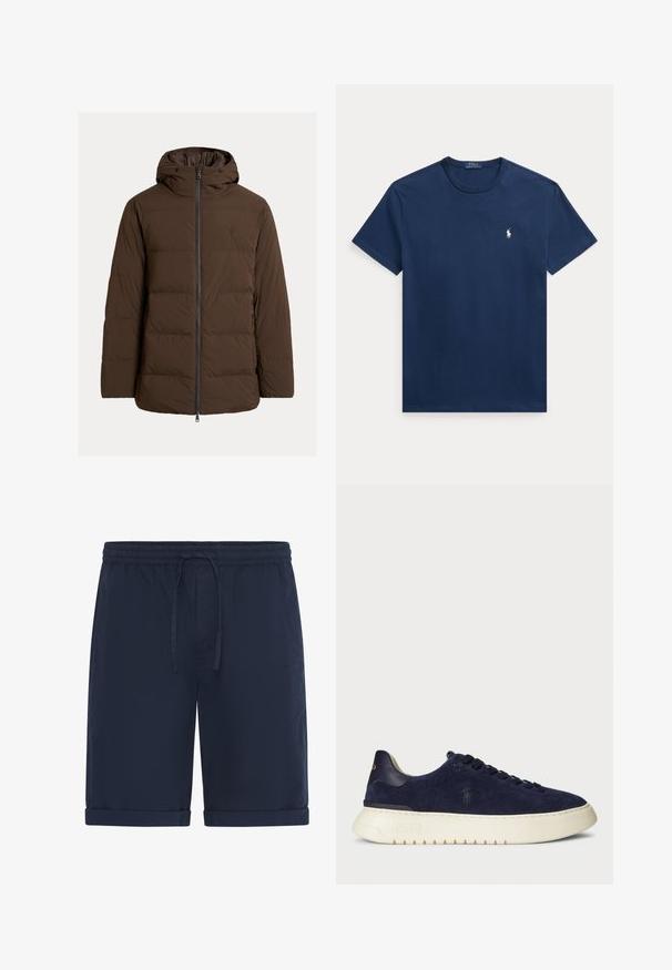 Pruun kapuutsi ja lukuga eesosa ning küljetaskutega pehmendusega jope, valmistatud siledast kangast horisontaalsete tekkimisosadega.; Tumesinine puuvillane t-särk, millel on ümmargune kaelus ja lühikesed varrukad. Väike valge polo logo vasakul rinnal. Klassikaline lõige ja sile tekstuur.; Tumesinised puuvillased lühikesed püksid, millel on elastne vöökoht ja nöör, ning mida iseloomustab lõdvestunud lõige ja üleskeeratud ääred mugava välimuse jaoks.; Tumesinine sametist madalate sneakeritega jalats, millel on tekstuuritud pind, kummist tallad ja toonilised nöörid, ning kellel on külje- ja kantavad logosid.