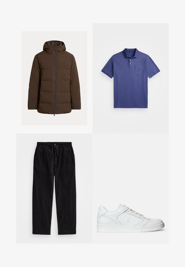 Casaco acolchoado castanho com capuz, com fecho de correr à frente e bolsos laterais, feito de tecido macio com seções acolchoadas horizontais.; Camisa polo roxa feita de algodão, com uma pala de três botões, mangas curtas e um bolso no peito com um bordado de logo vermelho.; Calças de veludo cotelê pretas com um ajuste relaxado, apresentando uma cintura elástica com cordão e bolsos laterais. O tecido apresenta uma textura canalizada.; Sapatilha de couro branco com textura suave, apresentando uma biqueira perforada, fecho de atacadores e logotipo bordado na lateral. Sola de borracha branca.