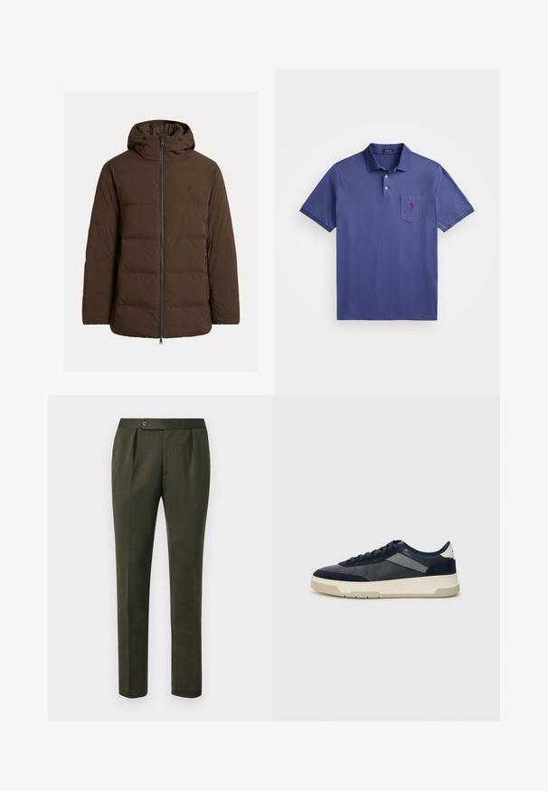 Barna steppelt dzseki kapucnival, elöl cipzáras és oldalzsebes, sima anyagból, vízszintes steppelt részekkel.; Lila pólóing, pamutból készült, háromgombos légzéssel, rövid ujjal és egy mellzsebbel, amelyen piros logó hímzés található.; Polo Ralph Lauren BRAD TROUSER - Vászonnadrágok - estate olive; BOSS BALTIMORE - Sportcipő - open blue