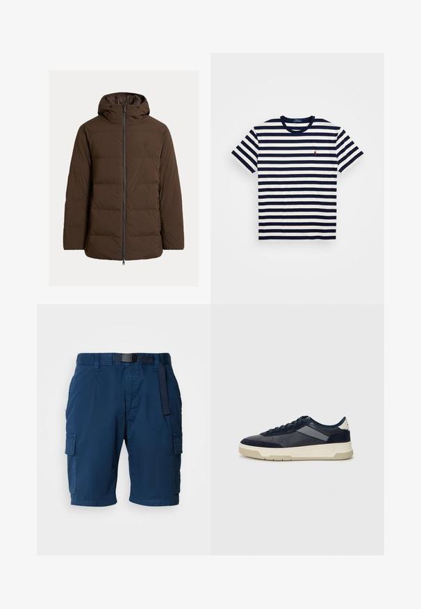 Pruun kapuutsi ja lukuga eesosa ning küljetaskutega pehmendusega jope, valmistatud siledast kangast horisontaalsete tekkimisosadega.; Tumesiniste ja valgete triipudega lühikeste varrukatega T-särk, mis on valmistatud puuvillast, varustatud ümardatud kaelaava ning väikese punase tikitud logoga rinnal.; Tumedat sinised cargo lühikesed püksid, mis on valmistatud kergest kangast, belti vöökoht, küljetaskud ja peen tekstuur.; BOSS BALTIMORE - Tossud - open blue