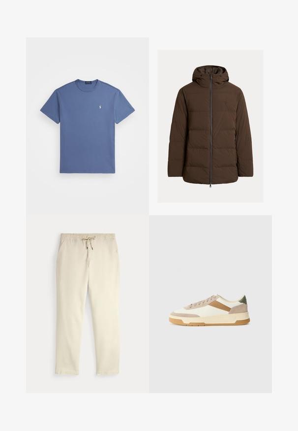 Ruda paminkštinta striukė su gaubtu, su užtraukiama priekyje ir šoninėmis kišenėmis, pagaminta iš lygaus audinio su horizontaliomis dygsniuotomis dalimis.; Mėlyna medvilninė marškinėliai trumpomis rankovėmis, su apvalia iškirpte ir mažesniu išsiuvinėtu logotipu ant krūtinės. Sklandus audinys, klasikinis dizainas.; Oficialiai balti kasdieniniai kelnės su elastiniu juosmeniu ir raišteliu, tiesiomis kojomis ir šoninėmis kišenėmis prieš paprastą foną.; Bežiniai, kreminiai ir alyviniai sportbačiai, pagaminti iš zomšos ir odos, su apvaliu pirštu, minimalistiniu dizainu ir guminėmis padangomis.