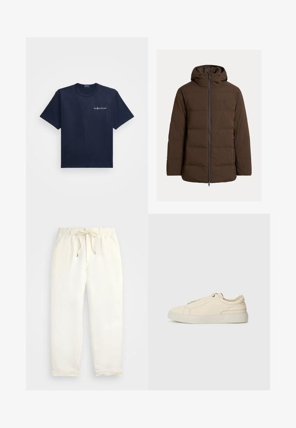 Brūna polsterēta jaka ar kapuci, priekšpusē ar rāvējslēdzēju un sānu kabatām, izgatavota no gludas auduma ar horizontālām šūtām daļām.; Polo Ralph Lauren SHORT SLEEVED - Pamata T-krekls - cruise navy; Gaiši krēmkrāsas, ikdienišķi bikses, izgatavotas no mīkstas auduma. Iespējas ietver elastīgu jostu ar auklu un sašaurinātu kāju dizainu.; Bežīga ādas kedas ar noapaļotu purngalu, minimālistisku dizainu, smalkiem stīgām un teksturētu virsmu uz gaišas zoles.