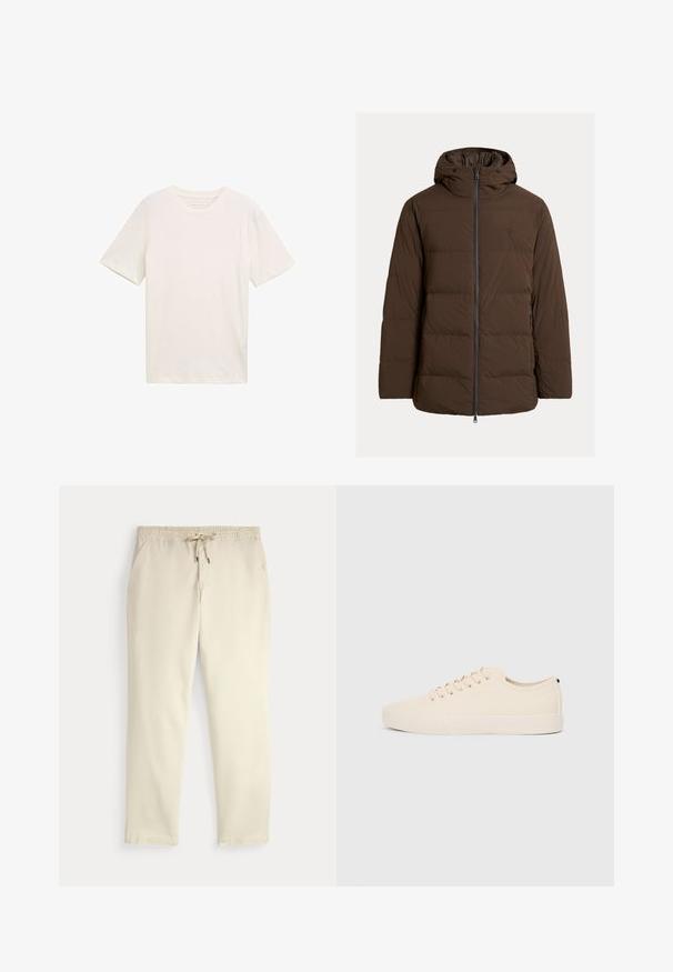 Hnedá prešívaná bunda s kapucňou, vybavená predným zipsom a bočnými vreckami, vyrobená z hladkej tkaniny s horizontálnymi prešívanými časťami.; Krátky rukáv, tričko s okrúhlym výstrihom v off-white bavlne. Má uvoľnený strih s hladkou textúrou a žiadne výrazné vzory ani akcenty.; Krémové voľné nohavice s elastickým pásom a šnúrkou, rovné nohy a bočné vrecká na jednofarebnom pozadí.; Bežové plátnené tenisky s okrúhlou špičkou, plochou gumovou podrážkou a šnurovaním. Majú minimalistický dizajn a kontrastný čierny akcent na päte.